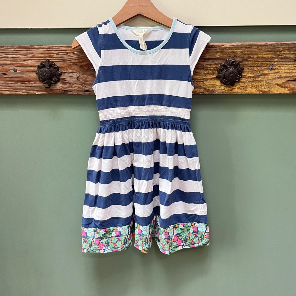 Matilda Jane Girls Navy White Striped Floral Hem Dress Size 8 Smocked Waist